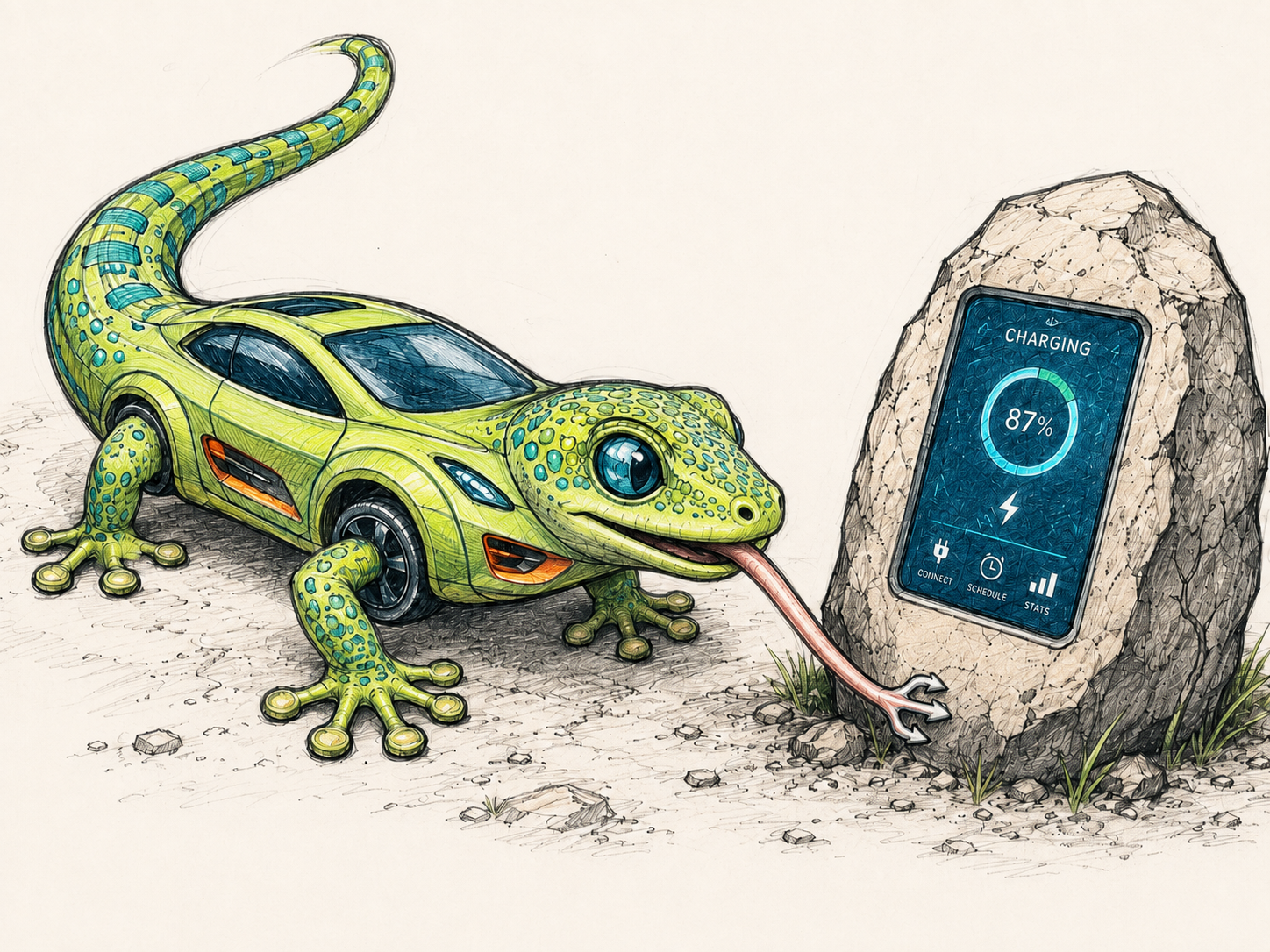 GeckoDart — a gecko-car docking its tongue into a charging station